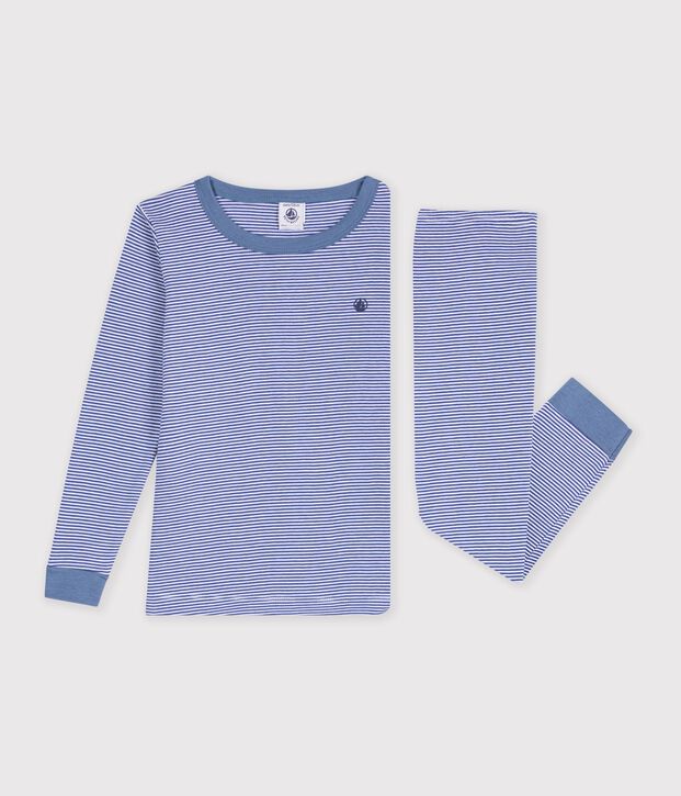 Children's snug-fitting stripy cotton pyjamas blue/white