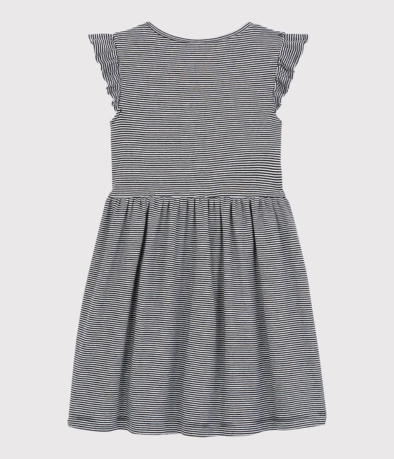 Girls' Short-Sleeved Cotton Dress SMOKING blue/MARSHMALLOW white