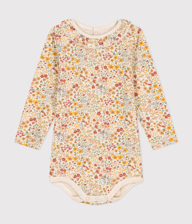 Babies' long-sleeved bodysuit in cotton with a ruff Ecru/multicolor