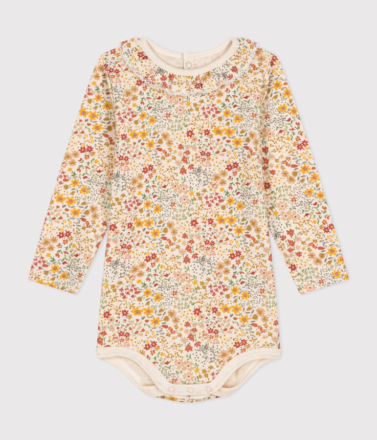 Babies' long-sleeved bodysuit in cotton with a ruff AVALANCHE white/MULTICO