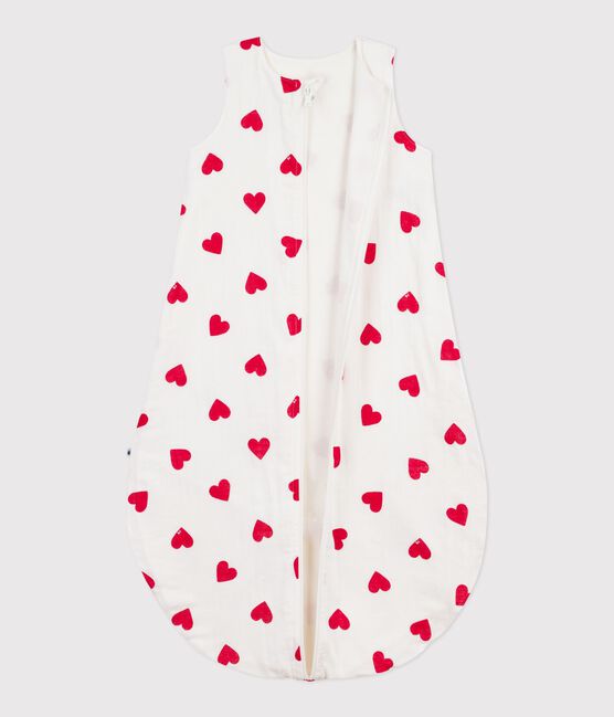Babies' 1 TOG heart-patterned cotton sleeping bag MARSHMALLOW white/TERKUIT red