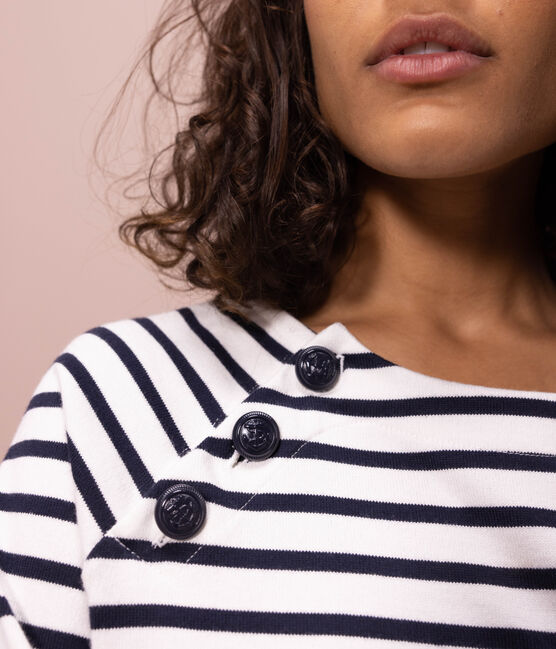 Women's Buttoned Cotton Breton Top MARSHMALLOW white/SMOKING blue