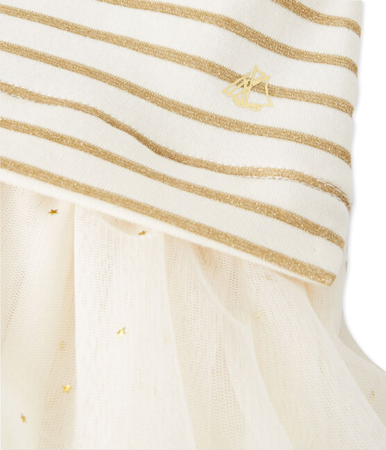 Girl's dual fabric dress with shiny stripes COQUILLE beige/LUREX DORE yellow