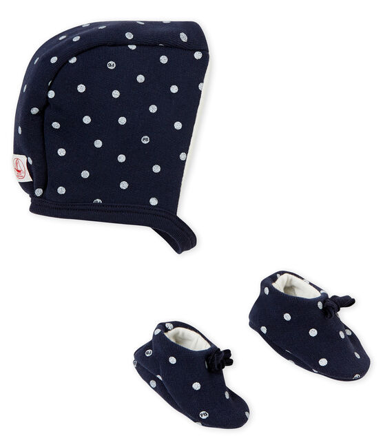 Baby girl's bonnet and slippers set SMOKING blue/MARSHMALLOW white