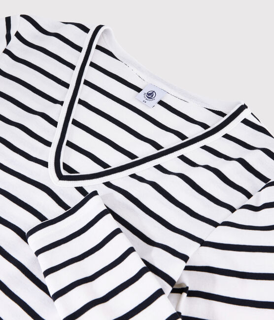 Women's Iconic V-Neck Striped Cotton T-Shirt MARSHMALLOW white/SMOKING blue
