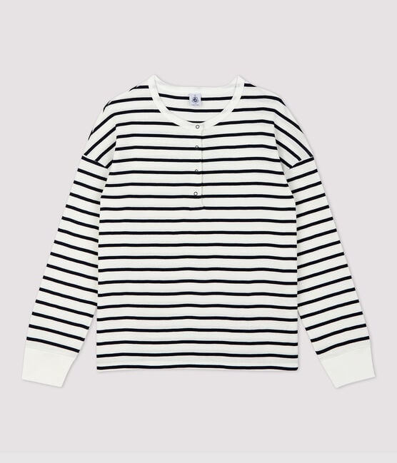 Women's Breton Stripe Cotton T-Shirt with Henley Neck MARSHMALLOW white/SMOKING blue
