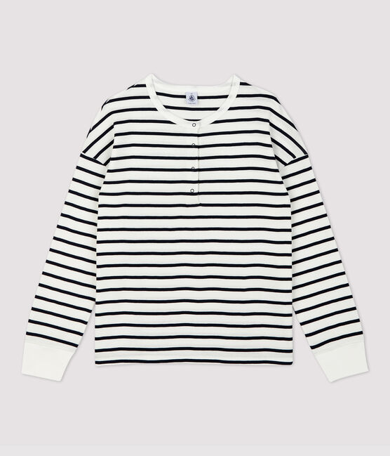 Women's Breton Stripe Cotton T-Shirt with Henley Neck MARSHMALLOW white/SMOKING blue