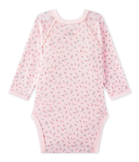 Newborn baby girls' long-sleeved printed bodysuit VIENNE pink/MULTICO white