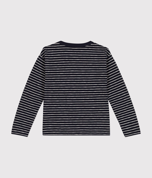 Boys' long-sleeved slub jersey T-shirt blue/beige