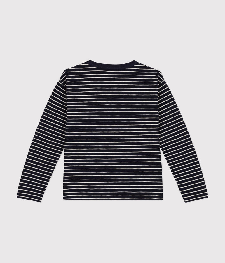 Boys' long-sleeved slub jersey T-shirt blue/beige