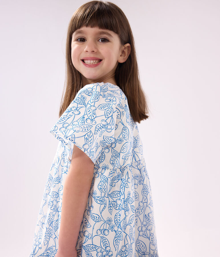 Children's dress in printed cotton with short sleeves white/blue