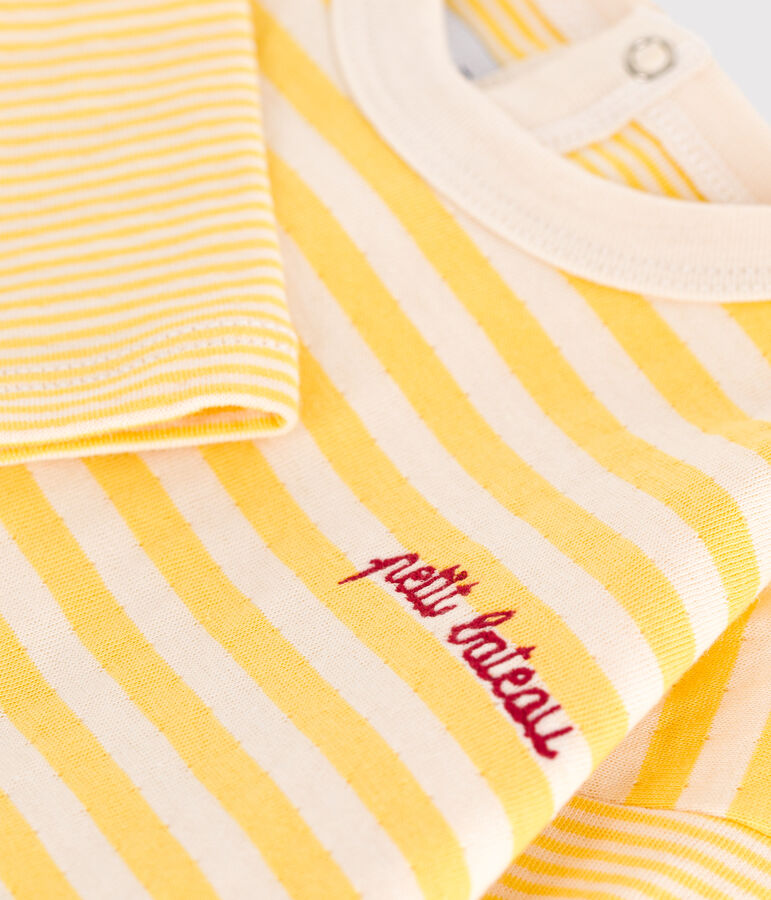 Babies' long sleeved stripy cotton T-shirt yellow/ecru