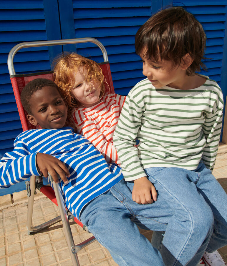 Children's unisex long-sleeved cotton Breton top PERSE blue/MARSHMALLOW white