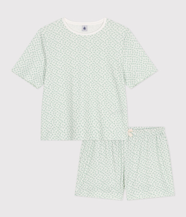 Women's short floral cotton pyjamas white/green