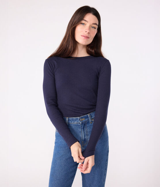 Women's Iconic long-sleeved wool and cotton T-shirt SMOKING blue