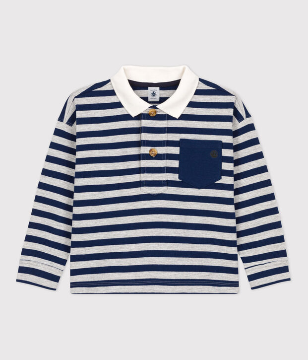 Boys' Stripy Long-Sleeved Cotton Polo Shirt blue/grey