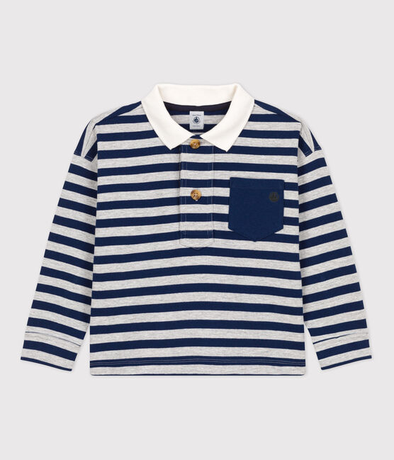 Boys' Stripy Long-Sleeved Cotton Polo Shirt MEDIEVAL blue/FUMEE
