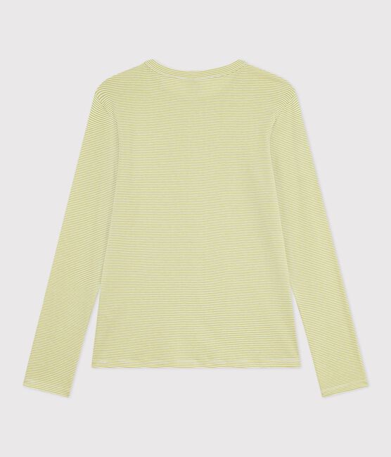 Women's long-sleeved striped cotton T-shirt MOSS green/MARSHMALLOW