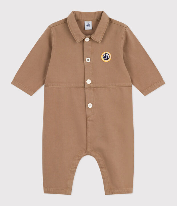 Babies' long, plain overall-style cotton playsuit beige