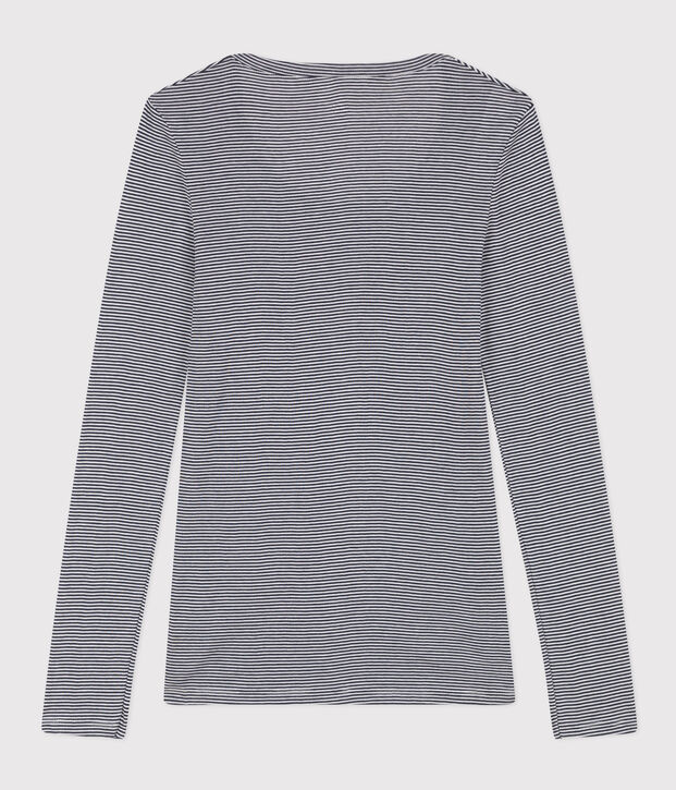 Women's second-skin lightweight stripy cotton T-shirt blue/white