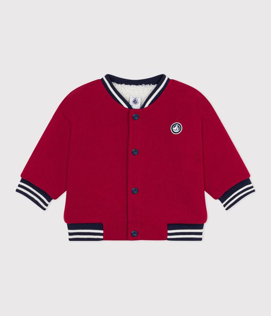 Babies' varsity-style jacket in plain cotton and sherpa AMARANTE