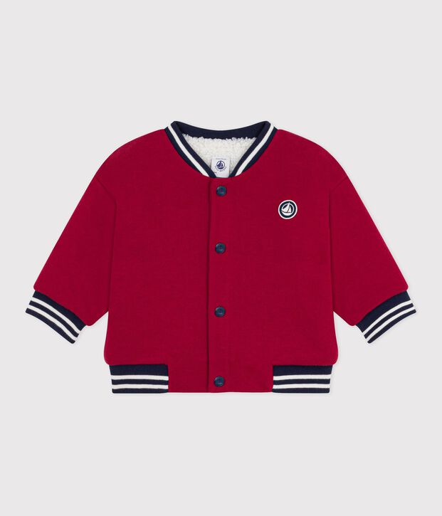 Babies' varsity-style jacket in plain cotton and sherpa red