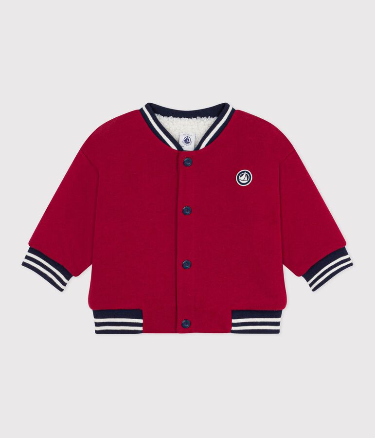 Babies' varsity-style jacket in plain cotton and sherpa red