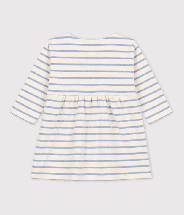 Babies' Long-Sleeved Cotton Sailor Striped Dress Ecru/blue