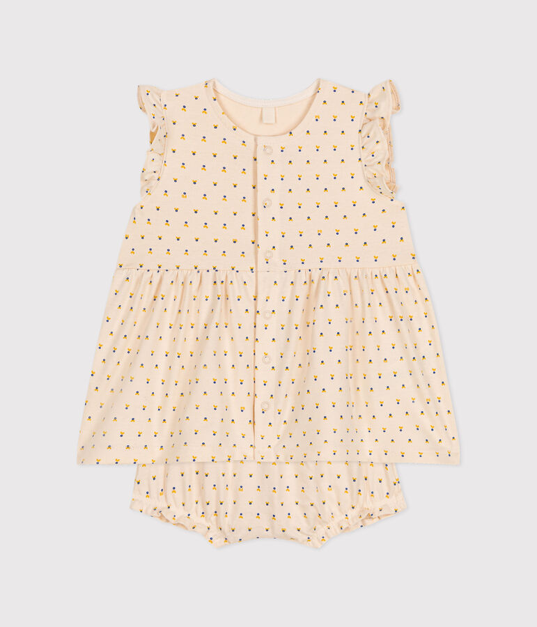 Babies' sleeveless dress and bloomers in lightweight jersey Ecru/multicolor