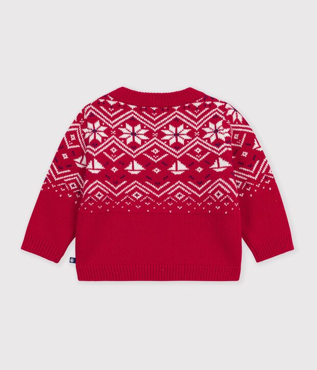 Babies' jumper in wool and cotton with a jacquard pattern red/multicolor