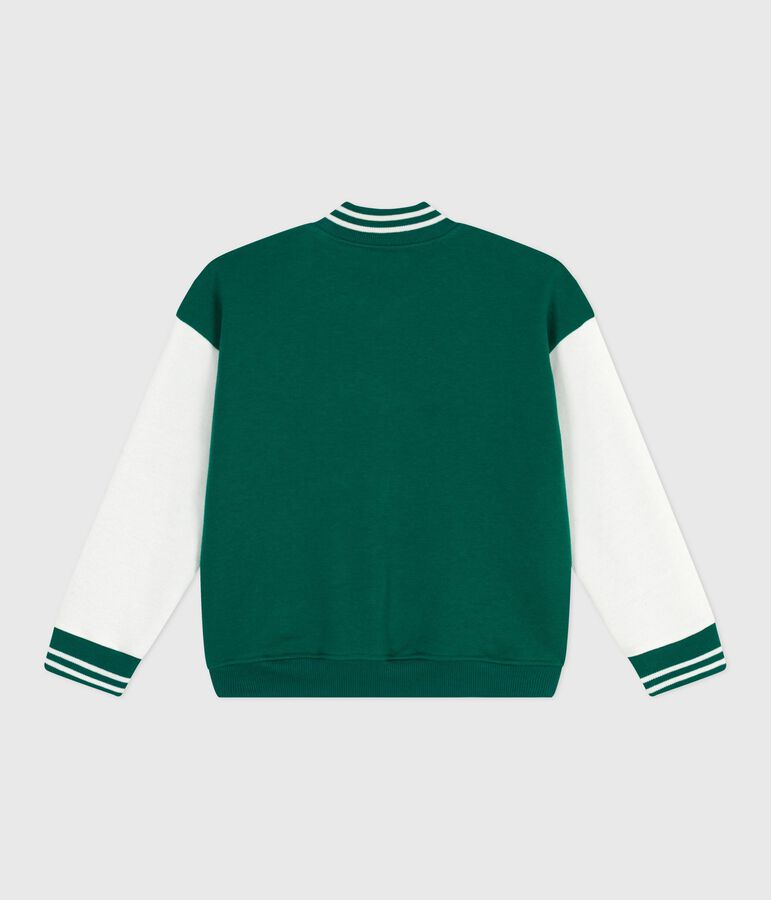 Children's varsity-style jacket in plain cotton green/ecru
