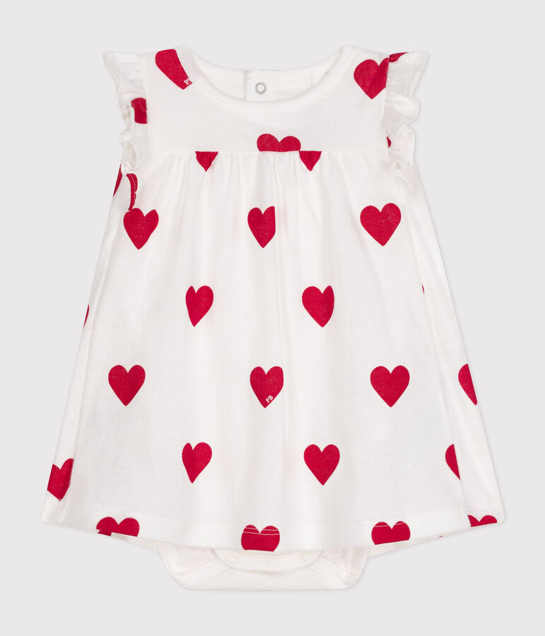 Babies' Organic Cotton Heart Print Dress With Bodysuit white/red