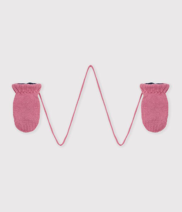 Plain knitted baby mittens with fleece lining pink