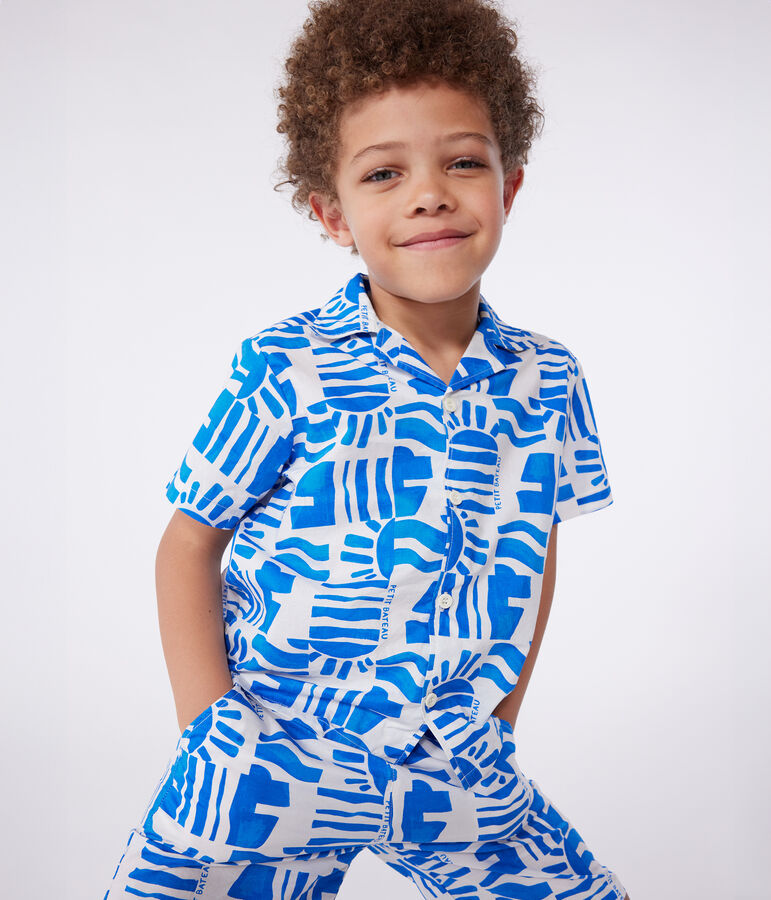Children's short-sleeved printed cotton shirt MARSHMALLOW blue/PORCELANA