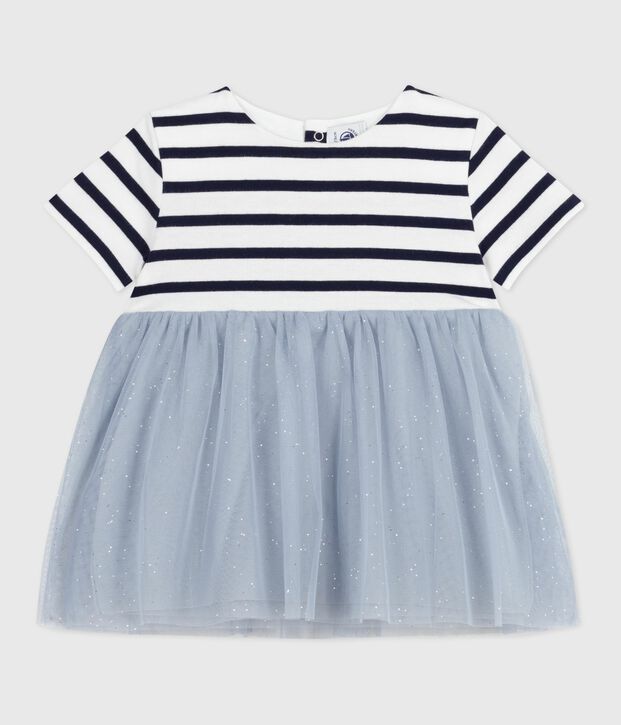 Babies' short-sleeved dress in two materials blue/multicolor