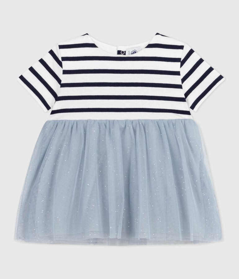 Babies' short-sleeved dress in two materials blue/multicolor