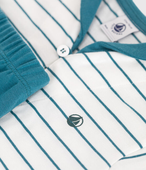 Babies' two-piece cotton set with a stripy T-shirt and plain shorts MARSHMALLOW green/DRAGONFLY