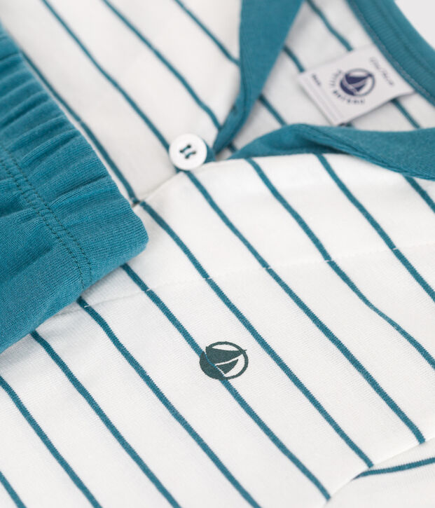 Babies' two-piece cotton set with a stripy T-shirt and plain shorts green/green