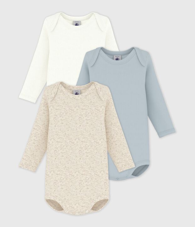 Babies' plain long-sleeved cotton bodysuits - 3-Pack multicolor