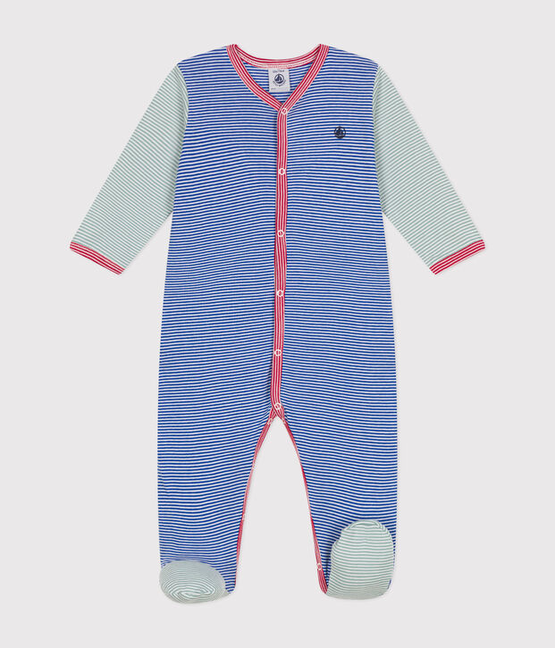 Babies' stripy cotton pyjamas blue/white
