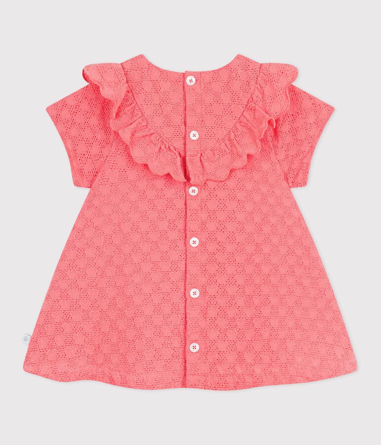 Babies' dress in broderie anglaise with short sleeves and a hearts motif pink
