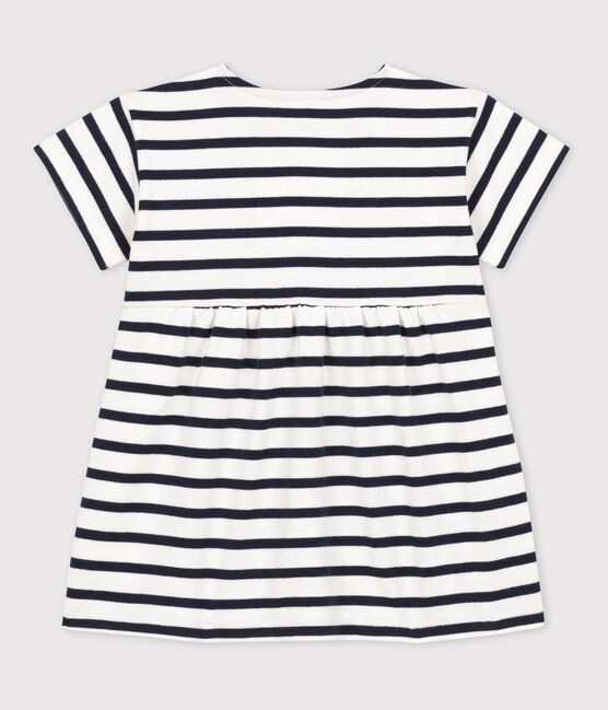 Babies' Short-Sleeved Stripy Thick Jersey Breton Dress MARSHMALLOW white/SMOKING blue
