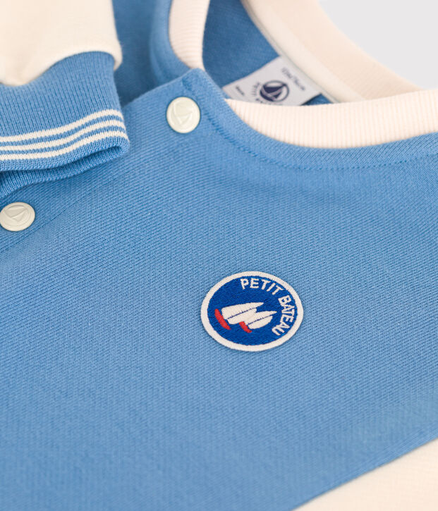 Babies' varsity-style jacket in colourblock cotton blue/ecru
