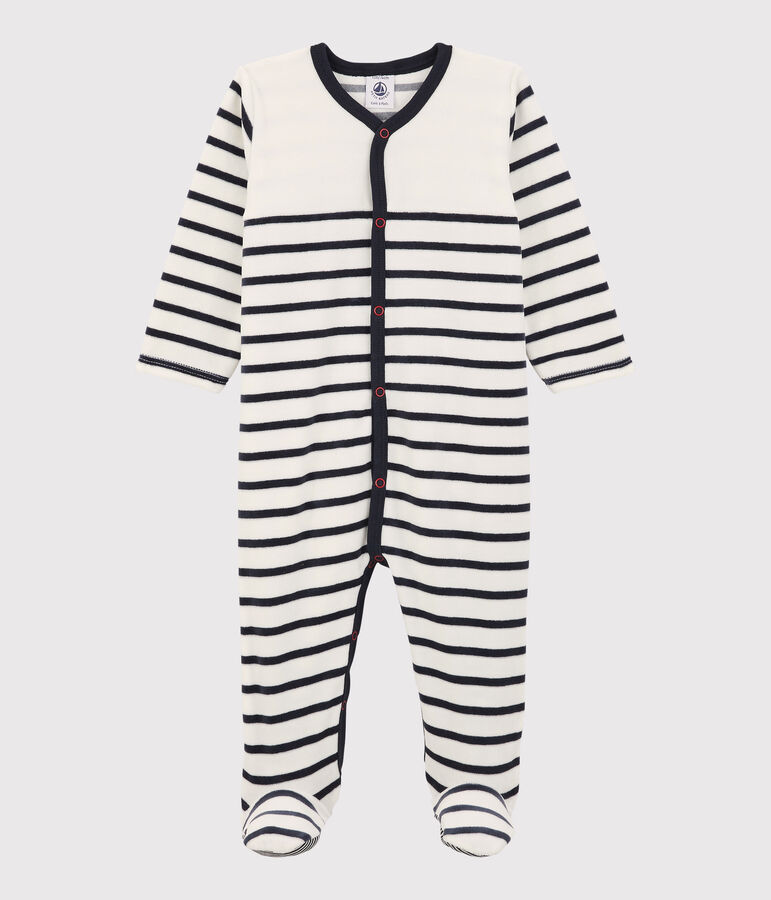 Babies' Velour Sleepsuit MARSHMALLOW white/SMOKING blue