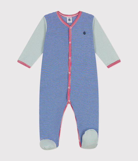 Babies' stripy cotton pyjamas CALVIN blue/MARSHMALLOW