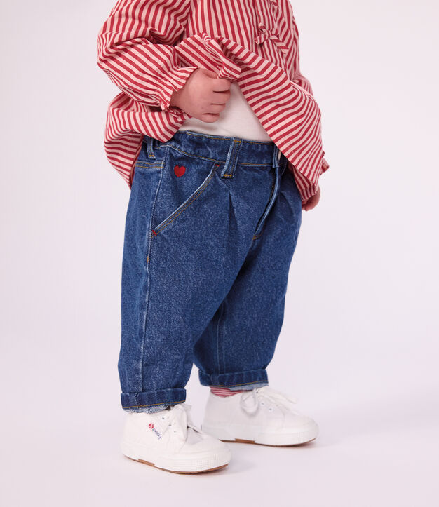 Babies' trousers in plain denim with heart embroidery blue
