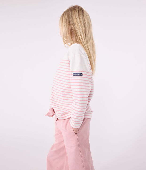 Children's long-sleeved cotton Breton T-shirt white/pink