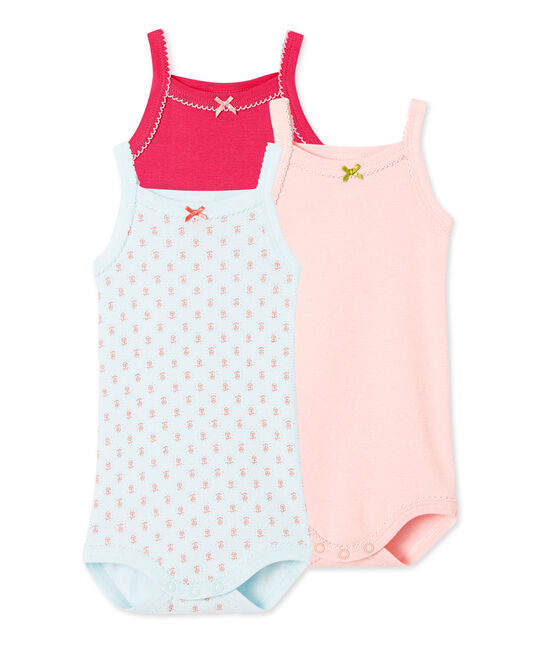Pack of three baby girl bodysuits with straps . white
