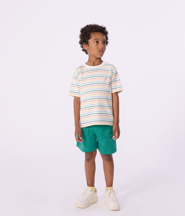 Children's short-sleeved stripy cotton T-shirt white/multicolor