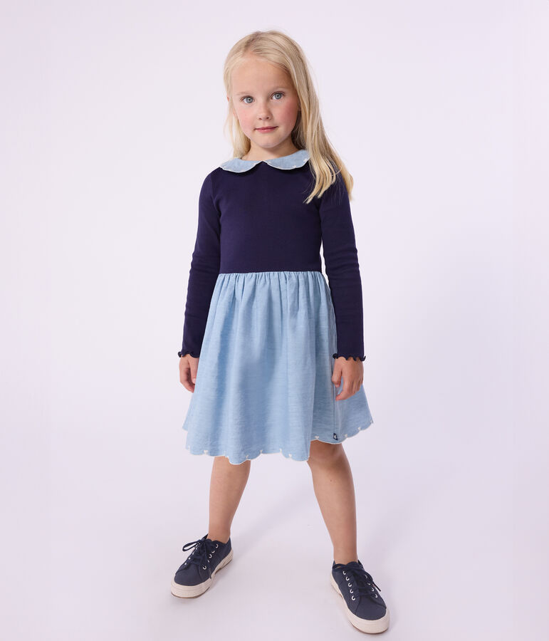 Girls' long-sleeved cotton dress in two materials SOIR blue
